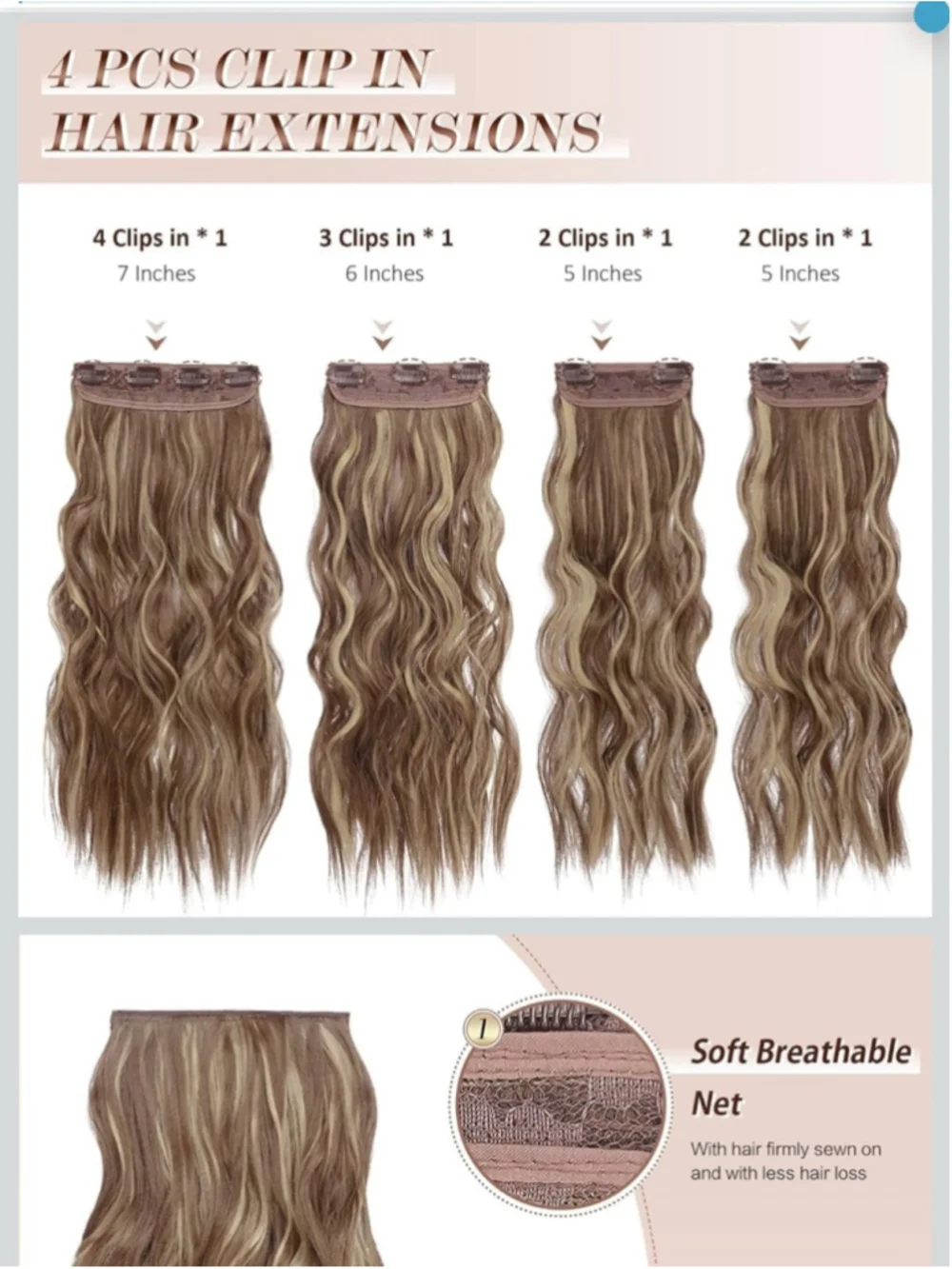 FESHFEN Clip in Hair Extensions 4 PCS Light Brown with Highlights 20”